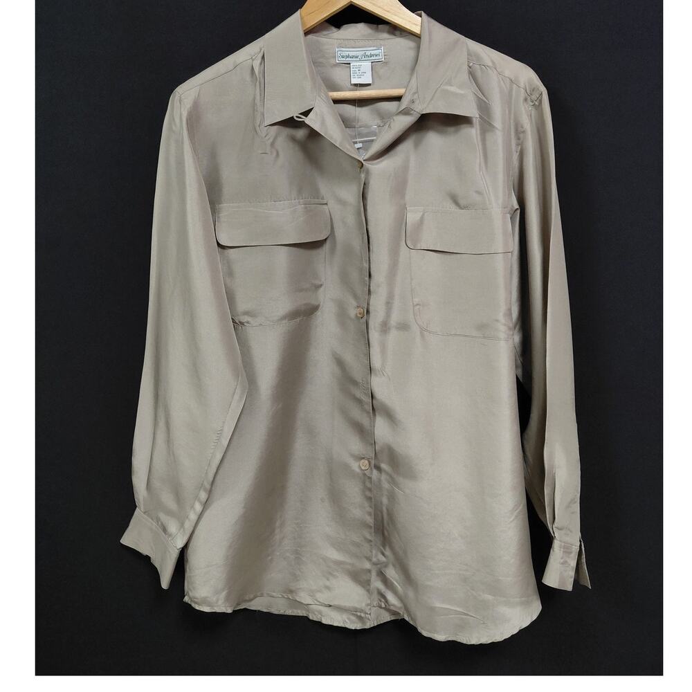 Stephanie Andrews Blouse Beige Solid Long Sleeve 100% Silk Women Size M